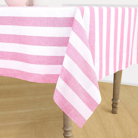 Solino Home Linen Striped Tablecloth 60 x 144 Inch - 100% Pure Linen Pink and White Table Cloth for Rectangle Tables - Cabana Stripe, Machine Washable Tablecloth for Summer