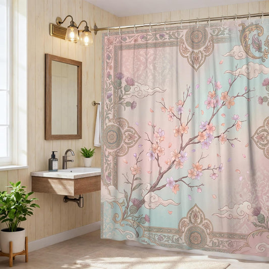 Cherries Blossom Shower Curtain, Oriental Elegant Cloud Ornate Frame Spring Pastel Peach Waterproof Fabric Bathtub Cloth Curtains for Home Bathroom Toile Hotel Decor 72x72 Inch