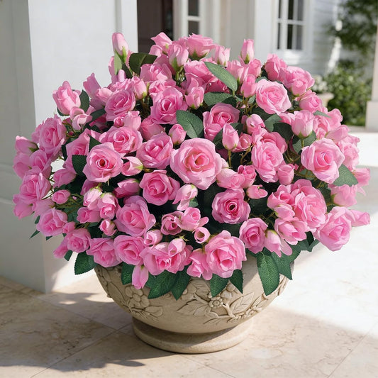 8 Bundles Artificial Roses for Front Door Outdoor Decor, Realistic Fake Silk Bouquets Flowers Faux UV Resistant Real Looking Rose Plants for Garden Balcony Farmhouse Home Spring Summer Decor (Pink)