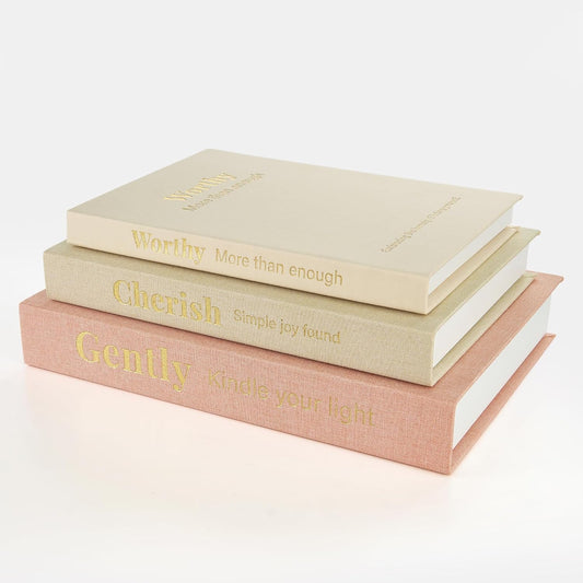 Decorative Books for Home Decor, Set of 3 Faux Books with Hidden Storage, Linen Fake Book Box for Coffee Table Bookshelf Decor (Dusty pink-oatmeal-beige)