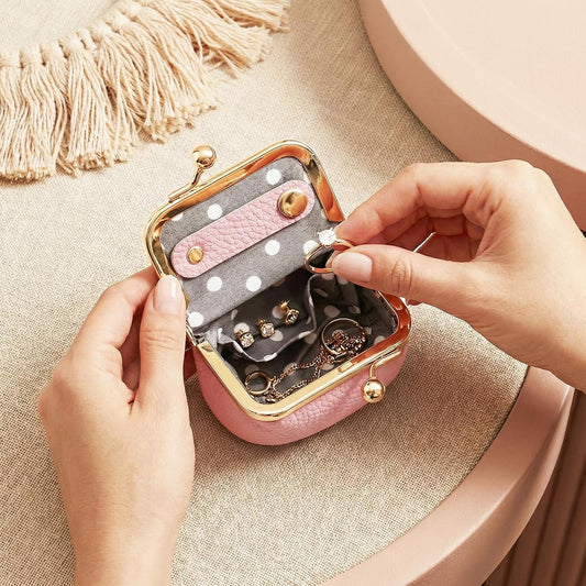 Genuine Leather Mini Jewelry Box Portable Vintage-Inspired Leather Small Coin Purse Jewelry Organizer Case Mini Travel Ring Box with Kiss Lock for Women Earring Ring Necklace