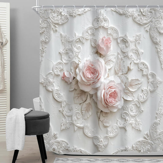 Pink Rose Floral 60Wx72H Shower Curtain Romantic Vintage Flower Unique White Relief Sculpture Retro Leaves Plant Botanical Bathroom Curtain Set Elegant Bath Bathroom Accessories Decor