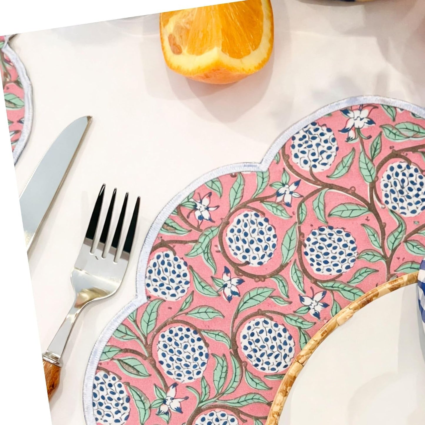 15 Inch Round Placemats Set of 4, for Dining Table, Scalloped Boho Cotton Cloth Easter Placemats - Washable Embroidered Block Print Table Mat - Fabric Place Mats for Kitchen, Peach