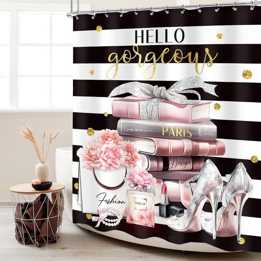 Black and Pink Shower Curtain 60Wx72H Fashion Black White Girly Shower Curtain for Girl Women Modern Flower Floral Perfume Striped High Heels Magazine Books Fabric Bathroom Decor with 12 Hooks