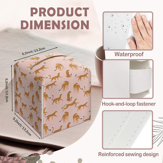 Pink Cheetah Decorative Square Leather Tissue Box Cover - Tissue Holder Gifts for Women Family and Friends Funny Unique for Home Decor Decorative for Kids Room Kitchen Bathroom Office - A28