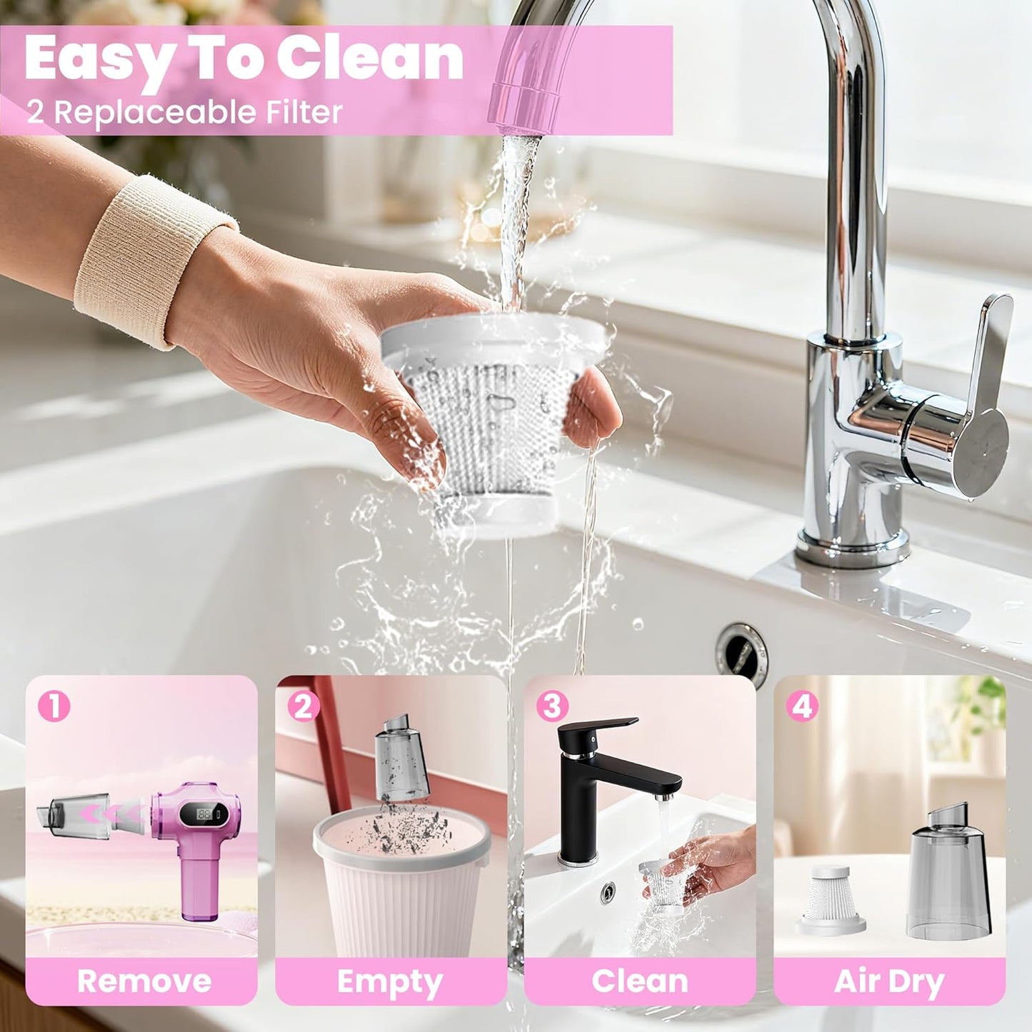 Pink Car Vacuum Cleaner,Portable Mini Cordless Small Handheld Vacuum Cleaner with LCD Display and Multi-Nozzles Powerful Hand Held Vacuums for Car,Pet Hair,Home,Office,Sofa,Keyboard