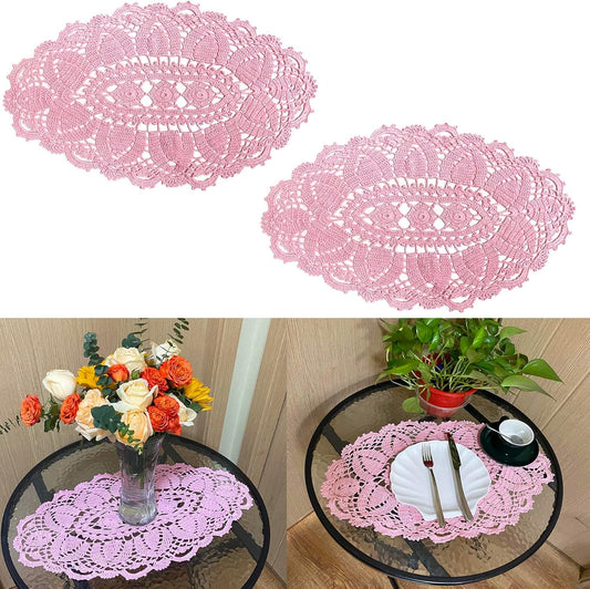 Mother's Day Wedding 2PCS 11.8 x 22 inches Lace Doilies Pink Placemats Oval Round Flower Handmade Crochet Doily Table Mat for Kitchen