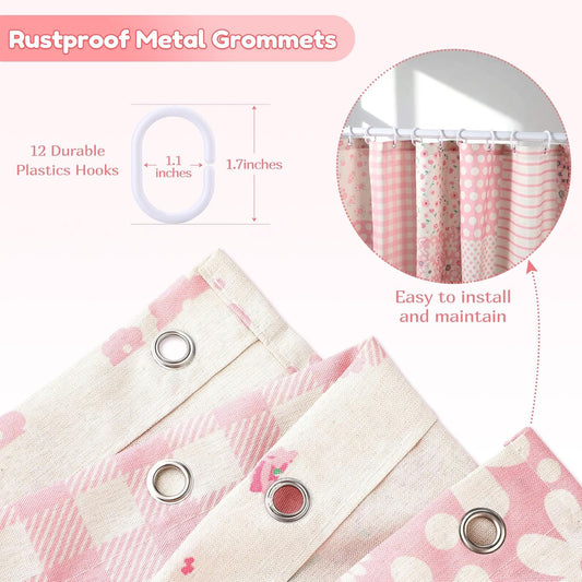 Pink Floral Shower Curtain 72x72'' Spring Cute Linen Cottage Boho Waterproof Patchwork Bath Curtain Set Mid Century Farmhouse Retro Vintage Plaid Bathroom Decor with 12 Hooks for Home