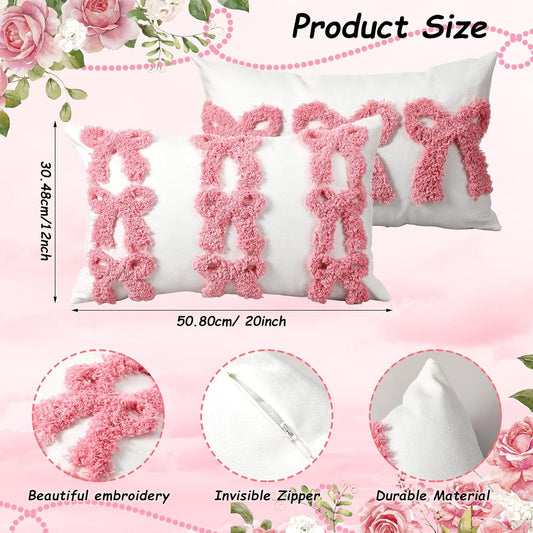 Cinnvoice Set of 2 Pink Bow Pillow Covers Coquette Room Decor Embroidered Pillow Case Aesthetic Soft Fluffy Plush Faux Pillowcase for Galentine Valentines Girly Preppy Room Sofa Couch(20 x 12 Inches)