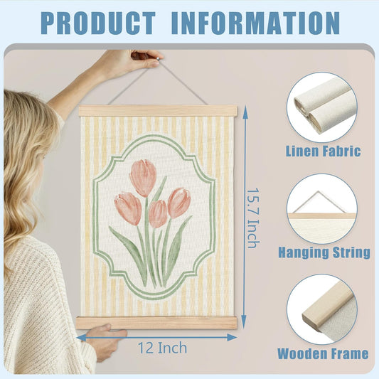 OHDCE Pink Tulip Floral Nursery Wall Art Poster Hanger Frame, Pastel Cottagecore Tulip Flower Striped Canvas Wall Prints Artwork for Girls Room Bedroom Decor, 12x16 Inch