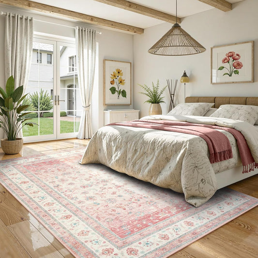 LIVEBOX Pink Area Rug 5x7, Washable Living Room Rug, Pink Rugs for Bedroom Girls, Non Slip Vintage Floral Area Rugs, Low Pile Stain Resistant Carpet for Dining Room Nursery Home Decor