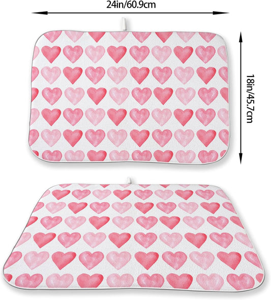 Valentines Day Dish Drying Mats 18x24 Inch Love Pink Heart Drying Mats Anniversary Mother's Day Holiday Valentines Decorations Absorbent Drying Dish Mats for Kitchen Dining Room Counter Decor