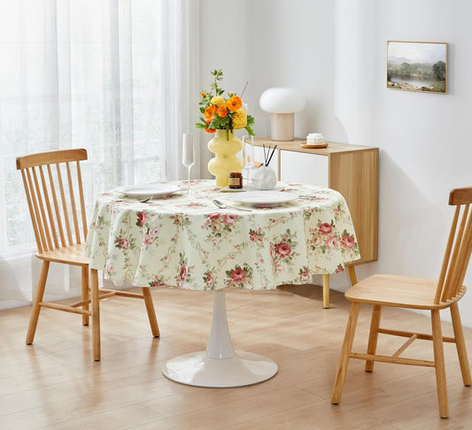 Pink Floral Tablecloth Shabby Chic Flower Round Table Cloth Spring Vintage Floral Table Cover Waterproof for Dinner Kitchen Picnic, Pink, 60 Inch