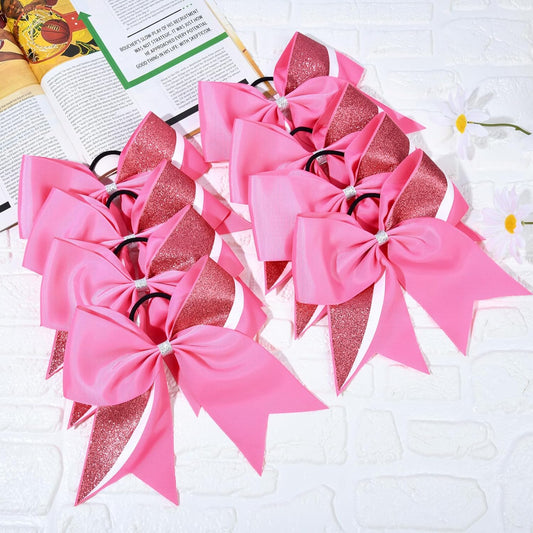 8PCS Cheer Bows Bulk Glitter Cheerleading Bows Girls Hair Bows Pink Cheer Bows Elastic Band Ponytail Holder for Cheerleaders Teen Girls College Sports Competition