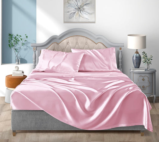 Satin Bed Sheets California King Size Sheets Set, Pink Silk Sheets, 4 - Pieces Soft Bedding Set with 1 Deep Pocket Fitted Sheet,1 Flat Sheet,2 Pillowcase