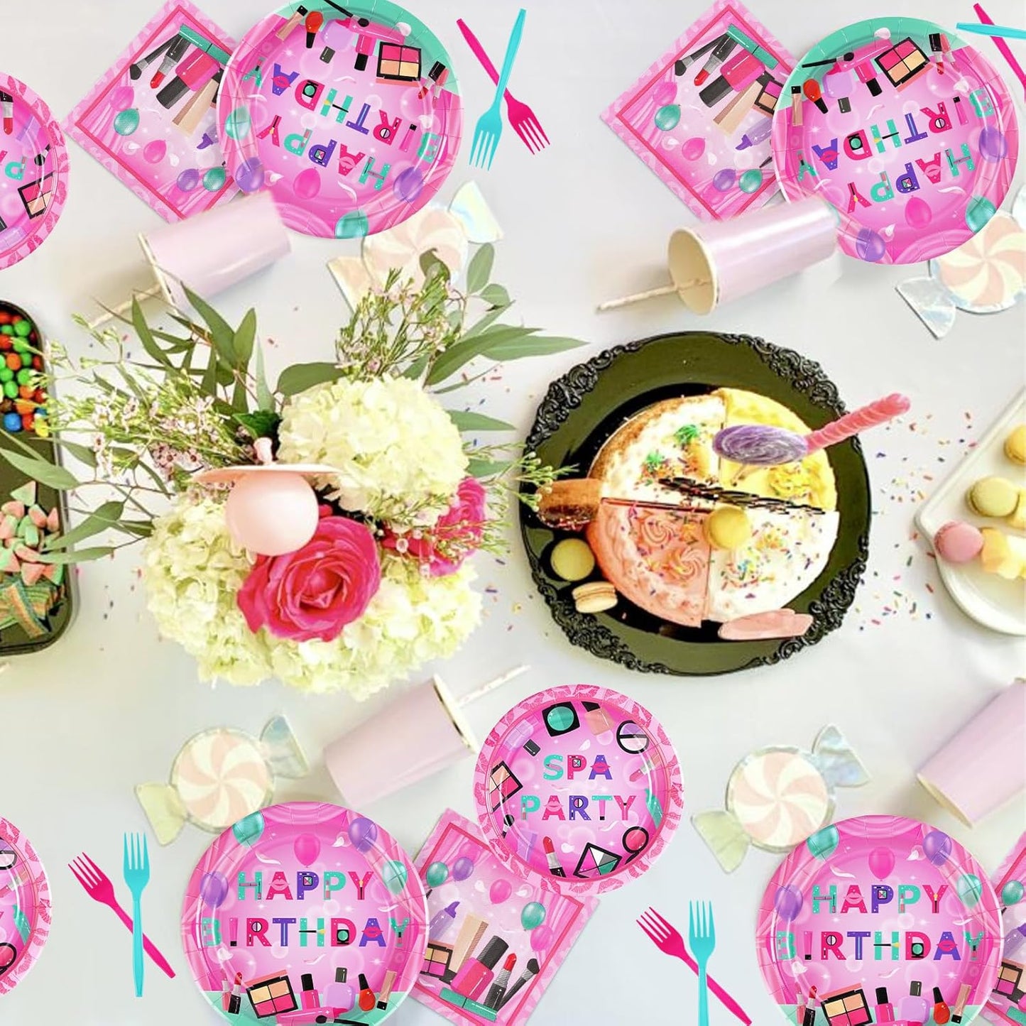 Grencian 96Pcs Spa Birthday Party Supplies Hot Pink Spa Paper Plates and Napkins Tableware Sets Makeup Party Decorations for Girls Women Slumber Pamper Bachelorette Party Favors Serves 24