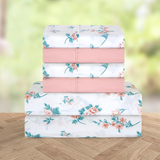 Elegant Comfort Softest and Coziest 6-Piece Sheet Set - 1500 Premium Hotel Quality Microfiber - Deep Pocket, Wrinkle Resistant 6-Piece Floral Bed Sheet Set, Queen, Celia Pink