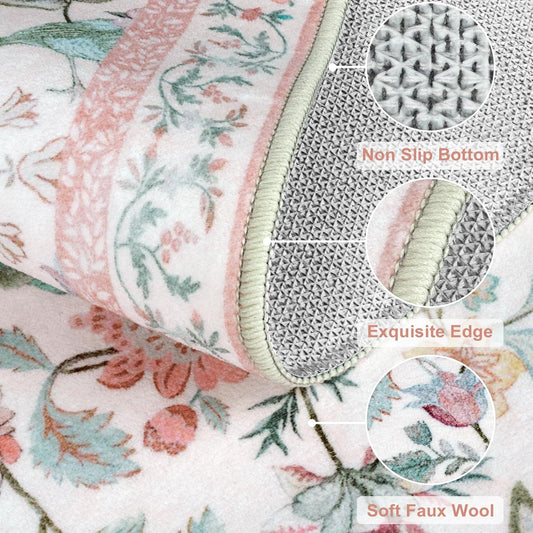 Rugalia Floral Washable Runner Rug, 2x6 Pink Rug Runners for Hallways Non-Slip, Soft Low Pile Flower Birds Long Bathroom Mat Botanical Throw Carpet for Kitchen Laundry Entryway Porch
