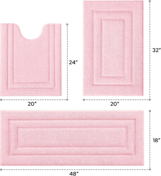 HOMEIDEAS Bathroom Rugs Sets 3 Piece, Microfiber Shaggy Bath Mat Set, Non-Slip Ultra Soft Carpet Mats, Large Rugs with U-Shaped Toilet for Bathroom, Tub, Shower,Pink