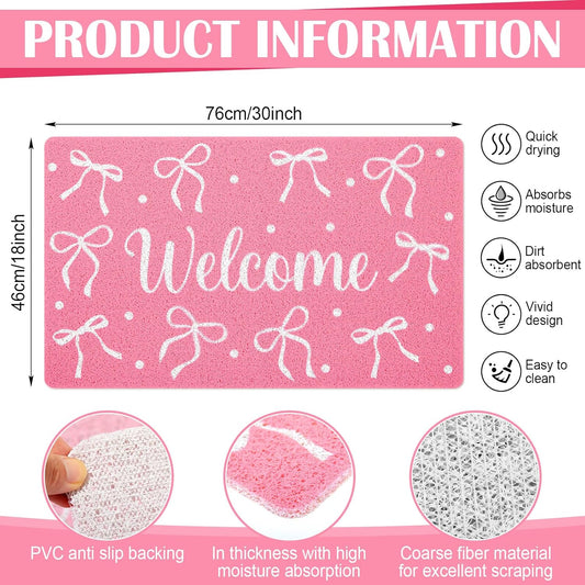 Mindsoft Pink Welcome Mat Bow Front Door Mat for Girls Home Decor Princess Coquette Rug 18 x 30 Inch Sweet Home Indoor Holiday Decoration