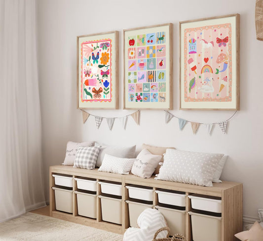 Pink Baby Girl Nursery Canvas Wall Art ABC Animal Alphabet Wall Decor Colorful Butterfly and Flowers Painting Picture Pastel Botanical Rainbow Poster Print Artwork for Kids Room Playroom, Unframed