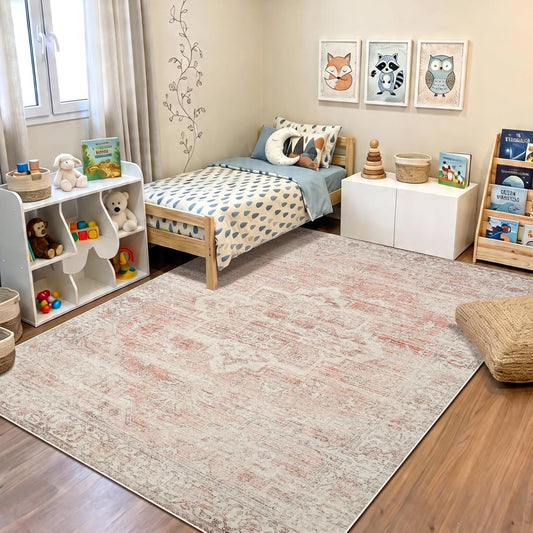 Pink Area Rug 4x6 for Bedroom - Washable Vintage Stain Resistant Accent Rugs for Living Room Kitchen - Soft Non Slip Low Pile Small Carpet for Girls Kids Nursery Home Office