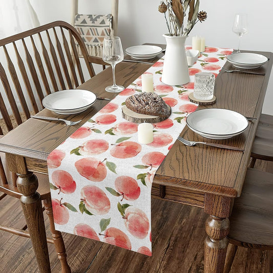 jejeloiu Peach Table Runner 60x13 Inch,Cute Peach Leaf Printed Kitchen Dining Decoration, Natural Theme Home Decor for Living Room Pink Green