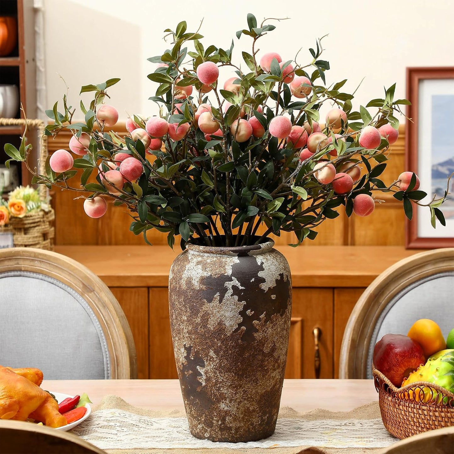 Daifunli 20 Pcs Artificial Peach Branches Realistic Artificial Peach Fruits with Green Leaves Simulation Branches Decoration for Vase Home Party Decoration (3 Peaches,27.56 Inch)