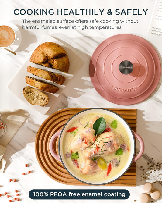 Enameled Cast Iron Dutch Oven - 6QT Dutch Oven Pot with Lid & Cotton Potholders - Heavy-Duty Non Stick Casserole Pot for Braising, Stews, Roasting, Baking, Suitable for All Stovetops, Gentle Pink