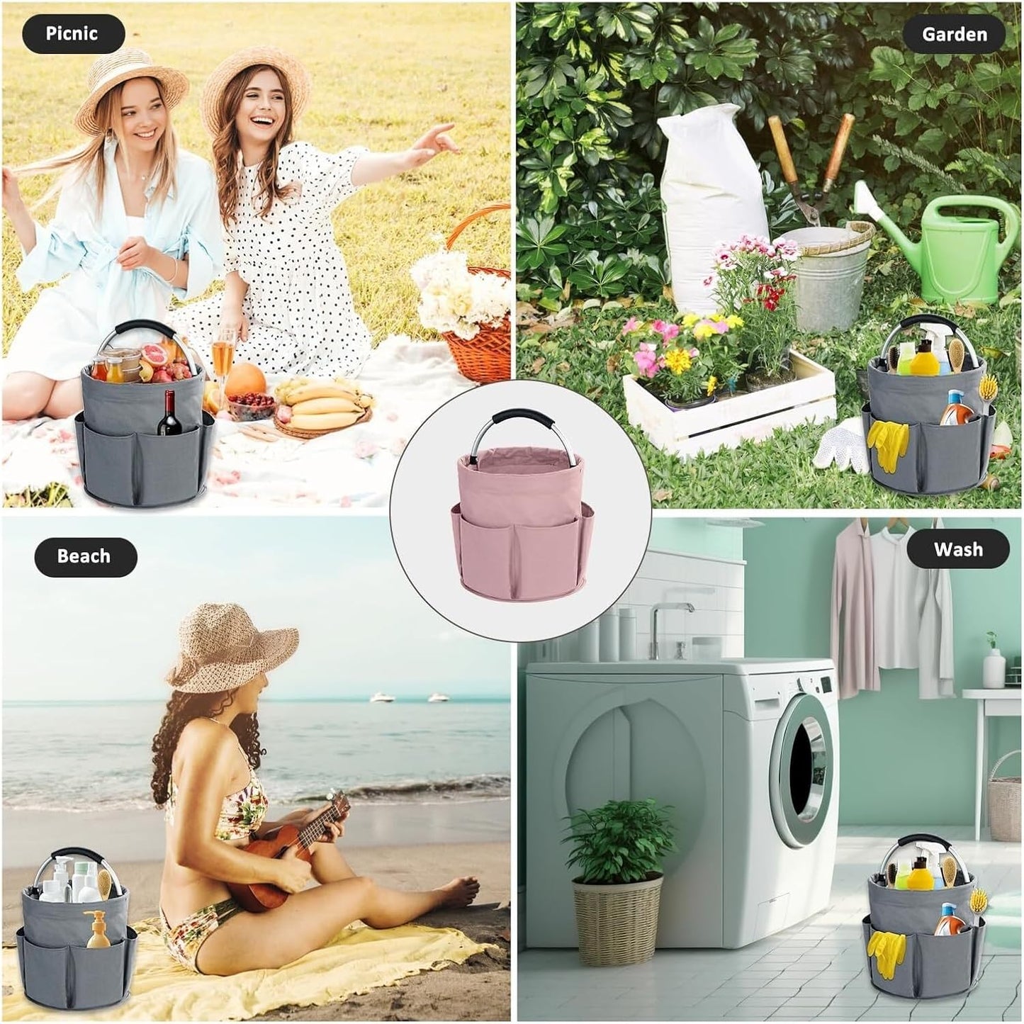 17L Cleaning Caddy with Handled – Foldable Storage Basket & Portable Multi-Purpose Bucket Bag for Home, Garden, Car & Office Supplies Organizer(Pink)