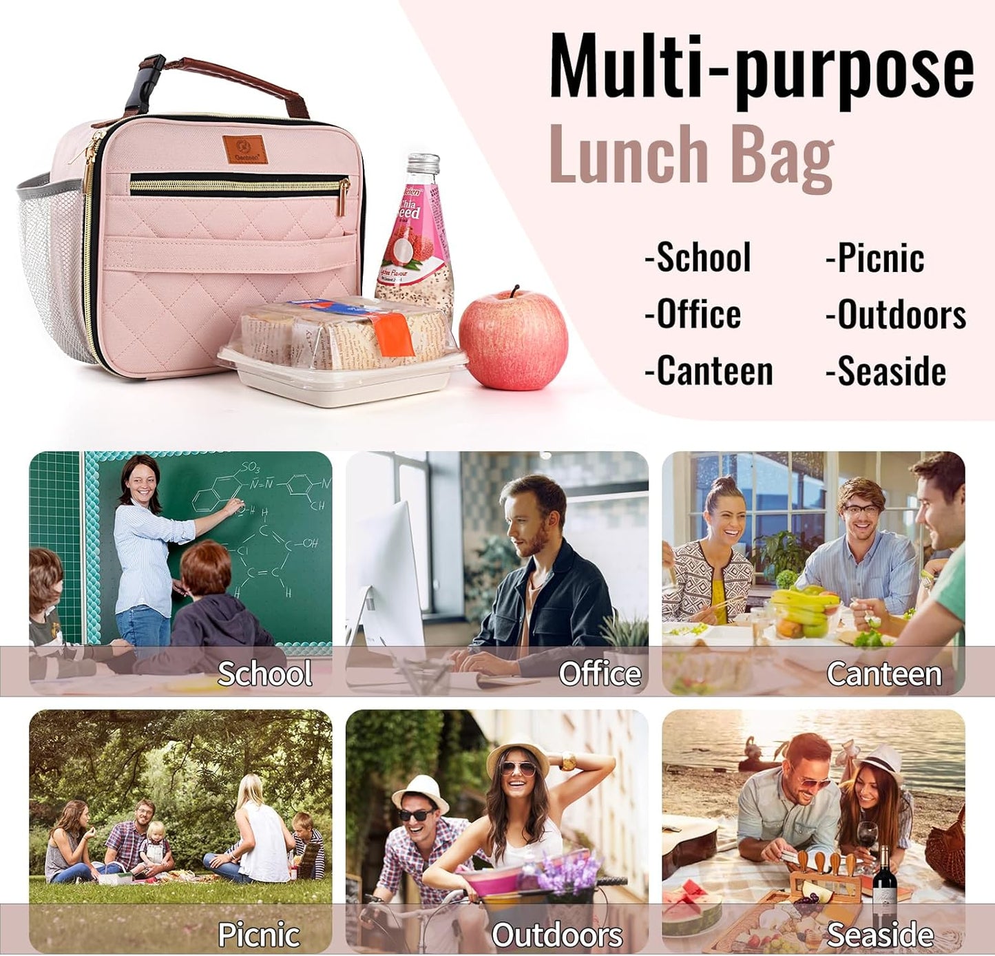 Genteen Lunch Box for Kids,Girls - Insulated LunchBox Reusable, Zip Closure & Buckle Handle, Portable Cooler for Work, School, Travel (Pink)