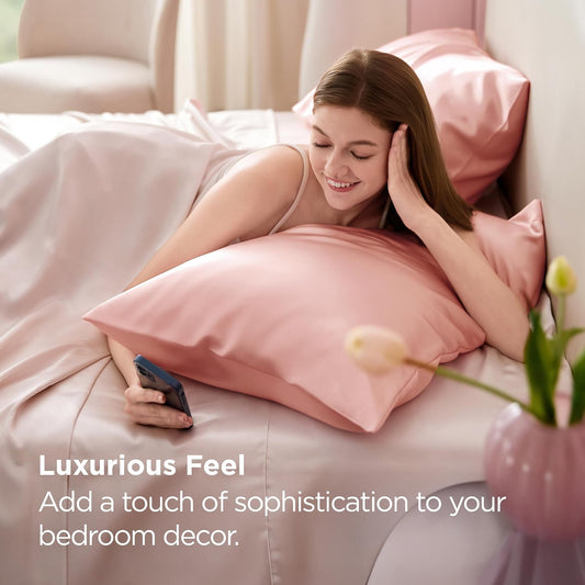 Bedsure Satin Pillowcase for Hair and Skin Queen - Peach Pink Silky Pillowcase 2 Pack with Envelope Closure, Similar to Silk Pillow Cases, Gifts for Women Men, 20x30 Inches, 2pcs