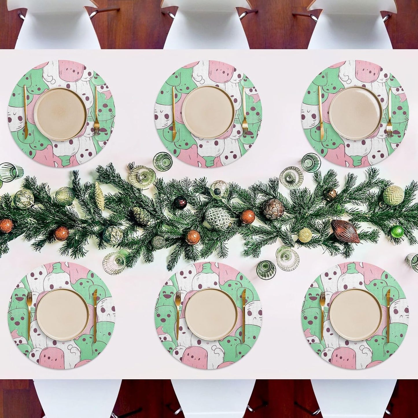 Green and Peach Unique Pattern Natural placemats Round Reversible placemats placemats Fabric Washable Farmhouse Decor placemats Waterproof Place mat 6 Set placemats for Plastic 15.4x15.4in