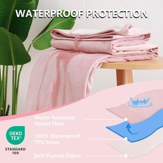Waterproof Dog Blanket for Couch, Reversible Pet Throw Blankets Leak Proof Sofa Bed Protector for Furniture Machine Washable-68x82,Pink+Cream