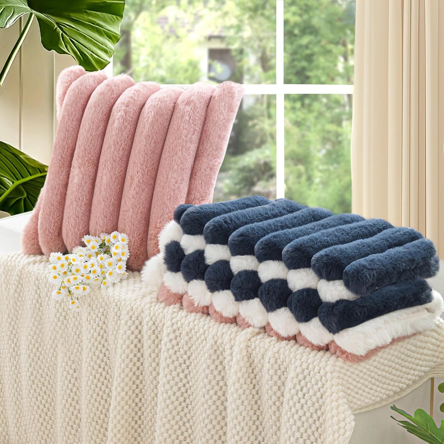 Touchat Pack of 2 Faux Fur Pillow Covers, 18x18 Inch Decorative Throw Pillow Covers with Hidden Zipper, Ultra Soft Couch Cushion Pillows Covers for Sofa/Bedroom Wide Stripe, Pink