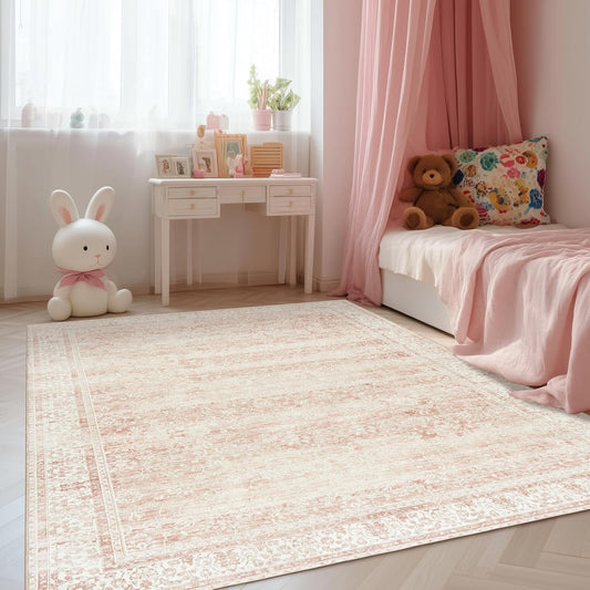 Light Pink Bedroom Rugs 6x9 Vintage Distressed Aesthetic Cute Boho Floral Feminine Low Pile Soft Carpet Machine Washable Stain Resistant Area Rugs for Kids Room Nursery Playroom Office 6 x 9