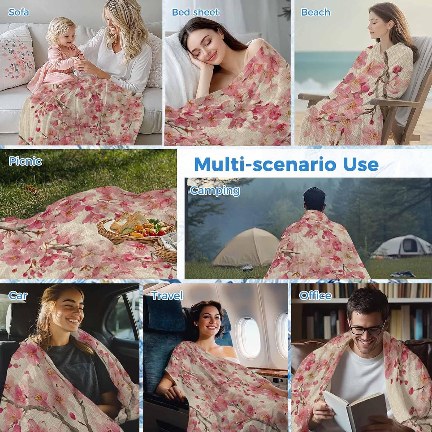 Cooling Blanket for Hot Sleepers, Peaches Branches Lightweight Breathable Summer Blanket, Farmhouse Spring Botanical Pink Flowers Double-Side Cool Throw Blankets for Sleeping Travel, 40"x60"