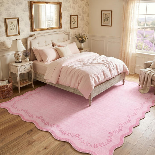 GarveeHome 5x7 Scalloped Area Rug Pink Washable Rugs for Nursery Room Bedroom, Soft Low Pile Non Slip Accent Floor Mat Solid Floral Print Throw Rug Farmhouse Indoor Carpet for Dorm Playroom