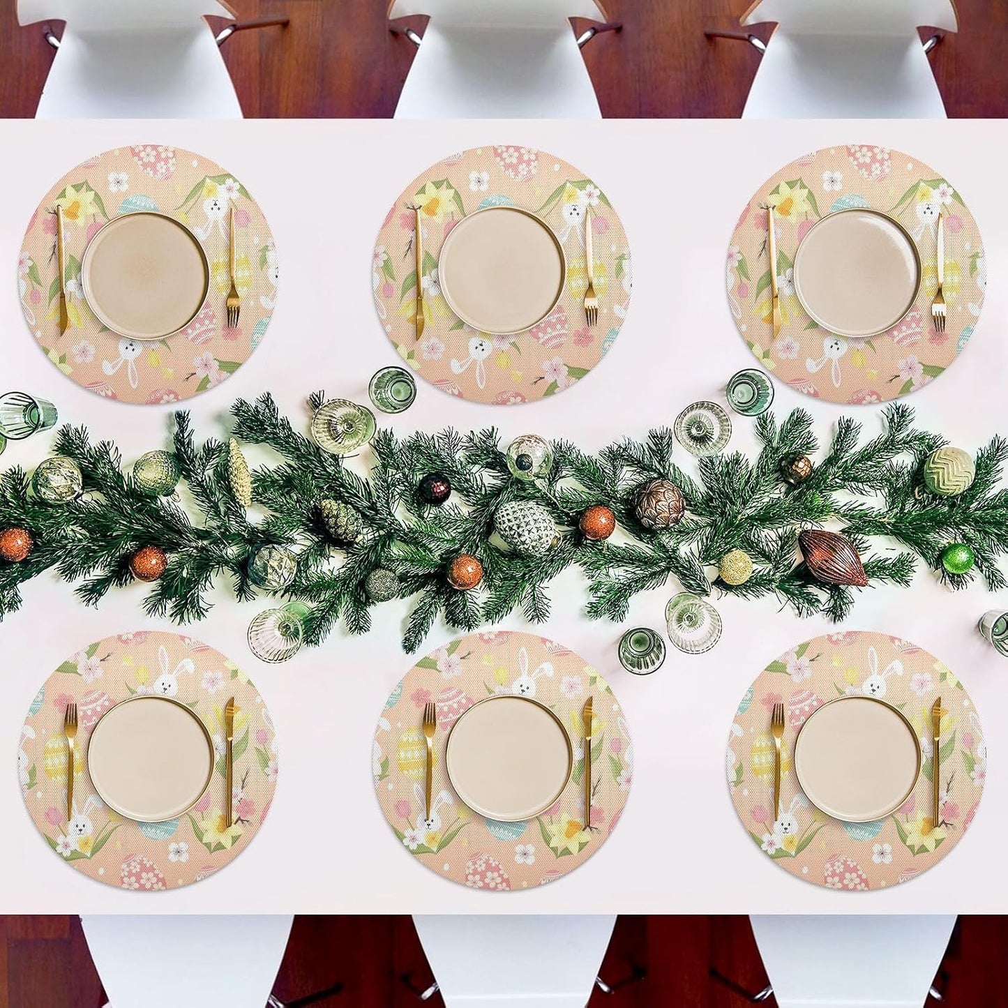 Easter Eggs Pattern Peach Round Placemats Set of 6 Washable Place Mats Heat Resistant Non-Slip Table Mats for Dining Table Decor