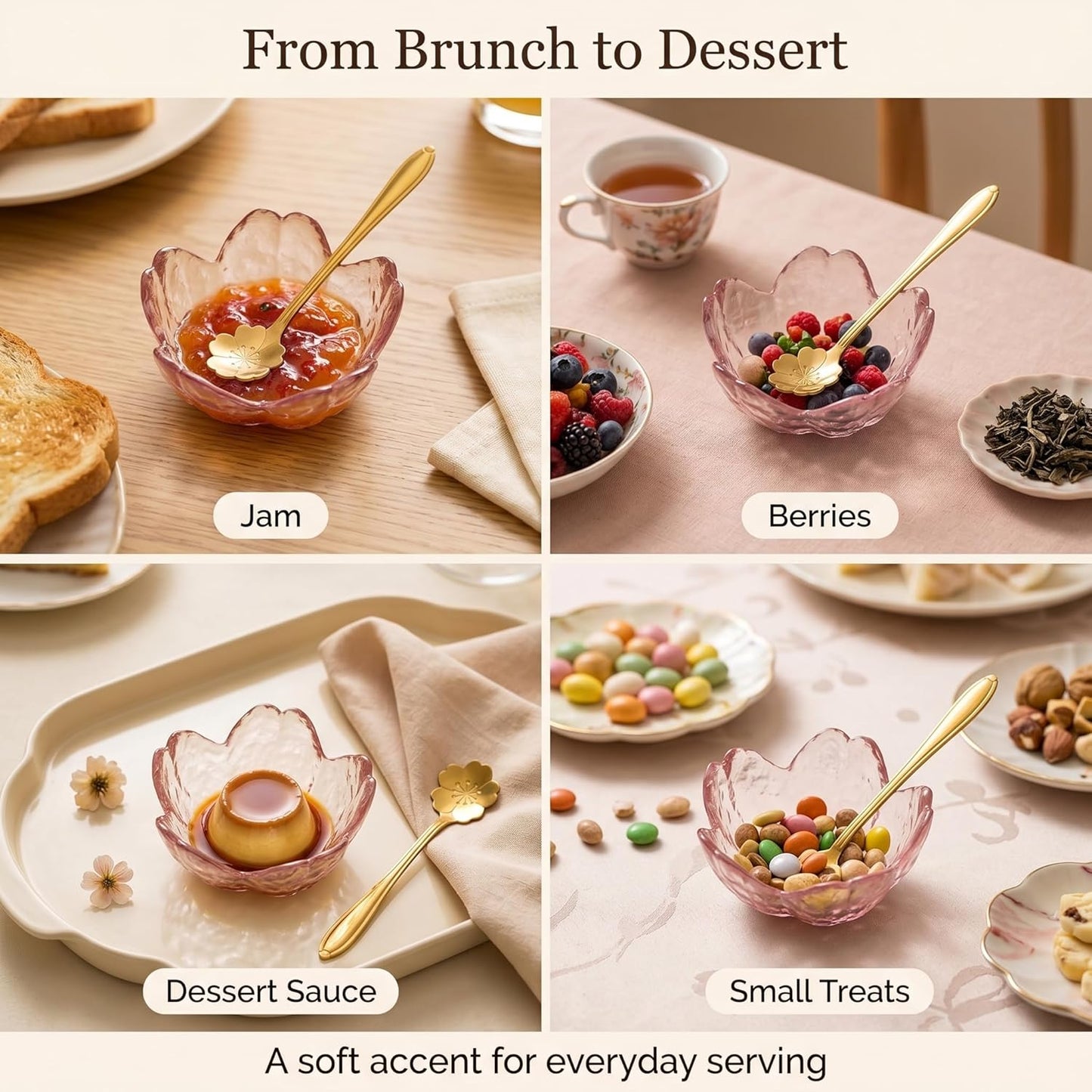 Cherry Blossom Dipping Sauce Dish Set of 10, 1.5 oz Soft Lilac Pink Glass Soy Sauce Bowls with 10 Gold-Colored Flower Spoons, Small Sakura Dip Bowls for Condiments, Sushi, Desserts, Snacks