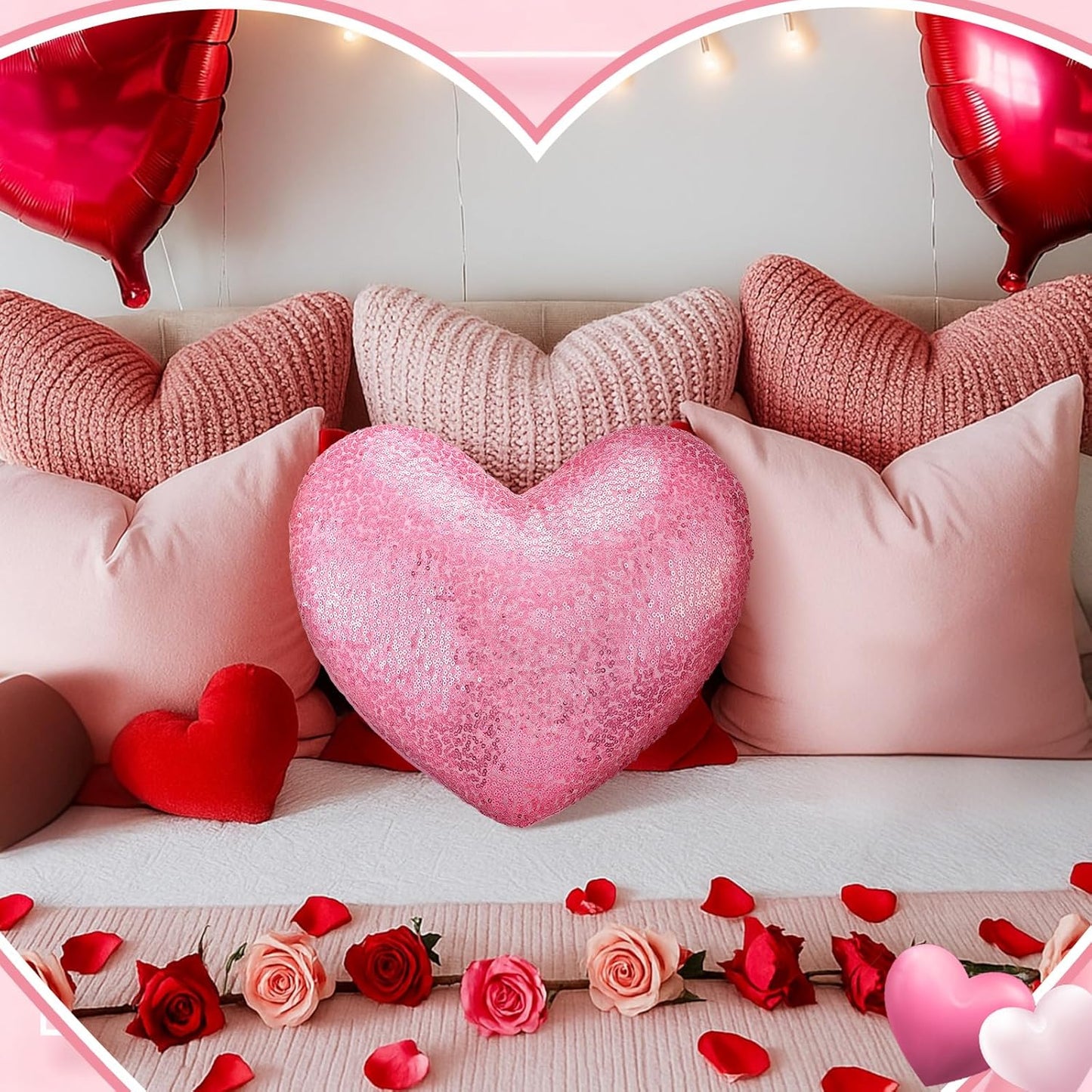 Yookeer Glitter Sequins Heart Shaped Pillow 14'' x 12' Decorative Sparkling Throw Pillows Solid Soft Shiny Cushion for Women Girls Wedding Anniversary Bed Couch Decor(Pink)