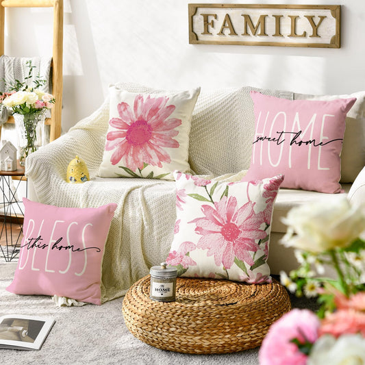 AVOIN colorlife Home Sweet Home Spring Summer Flowers Pink Throw Pillow Covers, 18 x 18 Inch Cushion Case for Sofa Couch Set of 4