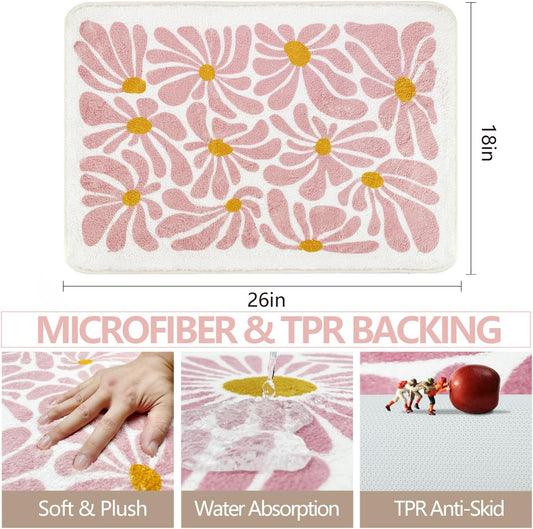 SHIYUE Pink Bathroom Mat Cute Flower Bath Rug, Soft Cozy Microfiber Slip Floor Carpet Decor Absorbent Washable๏ผGirls Bedroom Bathtub Shower(18x26in)