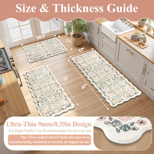 Yamaziot Anti Fatigue Kitchen Rugs Set of 3 - Boho Non Slip Waterproof Kitchen Mats for Floor, Boho Runner Rug for Kitchen Floor, Laundry, Desk, Office, 17.3"x29"+17.3"x35"+17"x47.3", Beige & Pink