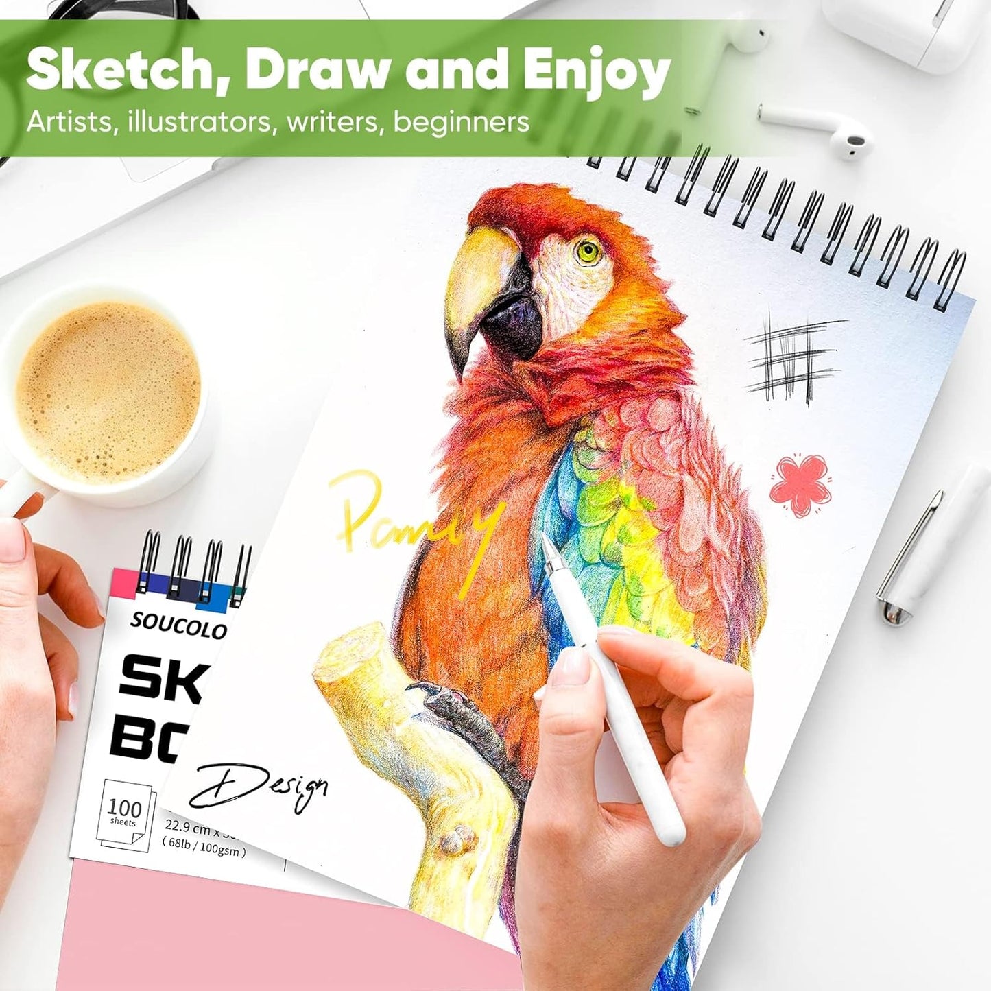 Soucolor Cute Sketch Book 9" x 12" for Teen Girls,Sketchbook 100 Sheets Spiral Notebook Drawing Pad, Pastel School Supplies for Artists, Arts and Crafts Gifts Set for Kids,Women
