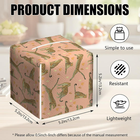 2 Pack Pink Cheetah Tissue Box Cover Square Animal PU Leather Tissue Box Holder Waterproof Facial Paper Organizer Dispenser for Bathroom Kitchen Home Office Car