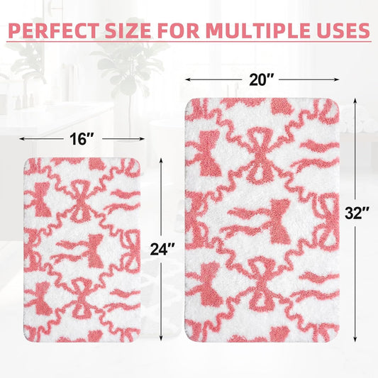 Arttown Cute Pink Bow Bathroom Rug Set 2 Piece White Fluffy Microfiber Non-Slip Water Absorbent Bath Mat Soft Washable Floor Rug for Tub Showers Laundry Room Decor (16"x24"+20"x32")