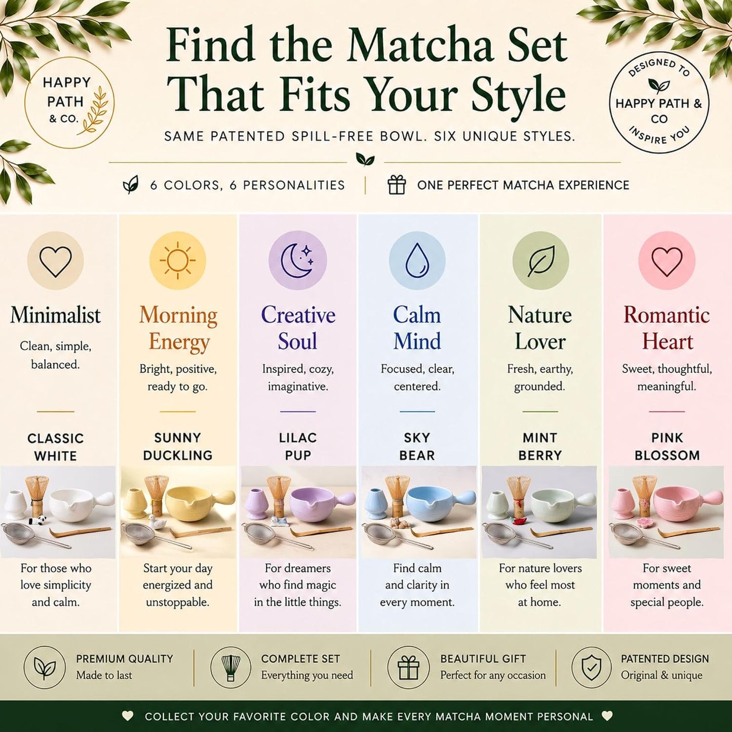 HAPPY PATH & CO Patented Matcha Bowl Set with Handle & Spout - Spill-Free Pouring | Complete Matcha Set for Beginners | Includes Bamboo Whisk, Scoop & Stand (Pink Blossom - Soft Pink)