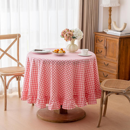 Checkered 100% Washed Cotton Tablecloth 70 Inch Ruffled Gingham Table Cloth Washable Round Fabric Table Cover Retro Farmhouse Kitchen Dining Room Table Decor, Pink, 4-6 Seats