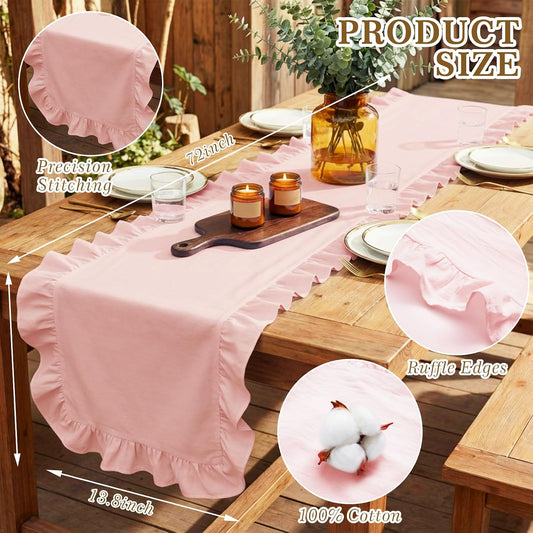 HunnmingRe Pink Ruffled Table Runner 72 inch Scalloped Table Runner Cotton Flounces Washable Shabby Farmhouse Rustic Home Kitchen Decoration for Wedding Rectangle Bride Shower Christmas Party